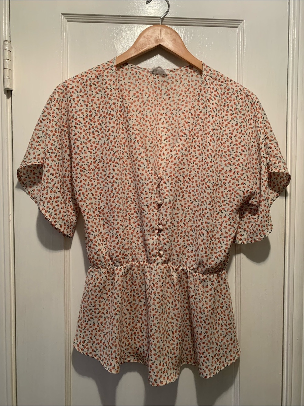 Sienna Sky Floral Cream and Rose Peplum Blouse Elastic Waist M Cottagecore Boho